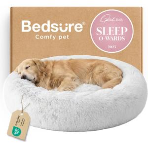 Bedsure Calming Dog Bed for Extra Large Dogs - Donut Washable Large Pet Bed, 45 inches Anti-Slip Round Fluffy Plush Faux Fur Dog Bed, Fits up to 120 lbs Pets, Frost Grey