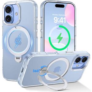 DUEDUE for iPhone 17 Case with 360Spin Magnetic Stand[Compatible with MagSafe][Rotatable Ring Holder], Transparent Cover Anti-Yellowing Protection Cases for iPhone 17 6.3", Clear
