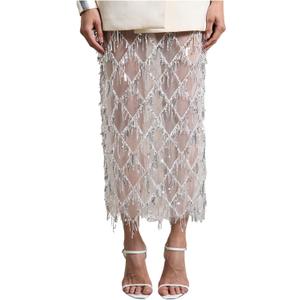 MakeMeChic Women's Sequin Midi Skirts Sheer Fringe Glitter Sparkly Party Club Cover Up Pencil Skirts (X-Large, White)