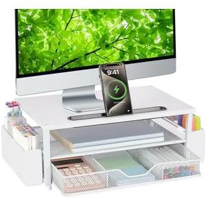 AUPSEN White Monitor Stand Riser, 2-Tier Wood Computer Desk Organizer with Drawer, Pen Storage & Phone Holder ，Office Desk Accessories Desktop Organizer for Office Supplies