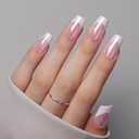 VSALON Press on Nails Short Coffin - Pink French Tips Glazed Chrome Fake Nails Kit, Long-Lasting & Reusable Opaque Soft Gel Glue Fake Nails with Glue & Cuticle Oil - 32 PCS in 16 Sizes Gifts for Women