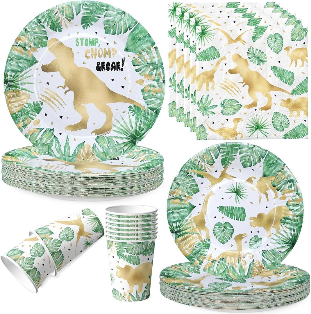 Gold Dinosaur Party Tableware Set - Gold Dino Birthday Party Supplies Includes Dinner Dessert Cake Plates Napkins Paper Cups Serves 20 Guests