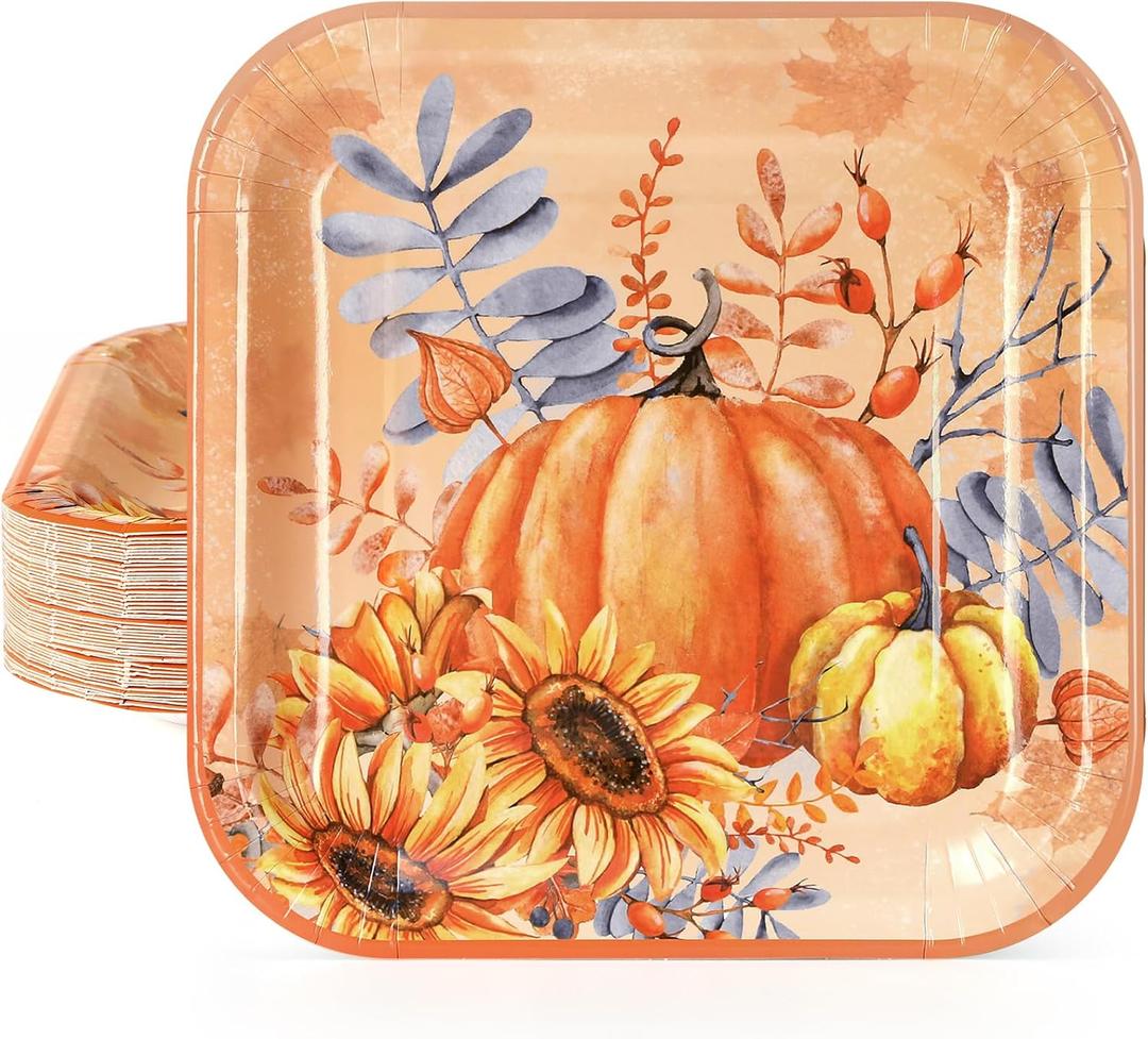 Homlouue Fall Pumpkin & Sunflower Plates - 50PCS 9 Inch Square Heavy Duty Disposable Thanksgiving Paper Plates for Fall Theme Dinner Party Decoration