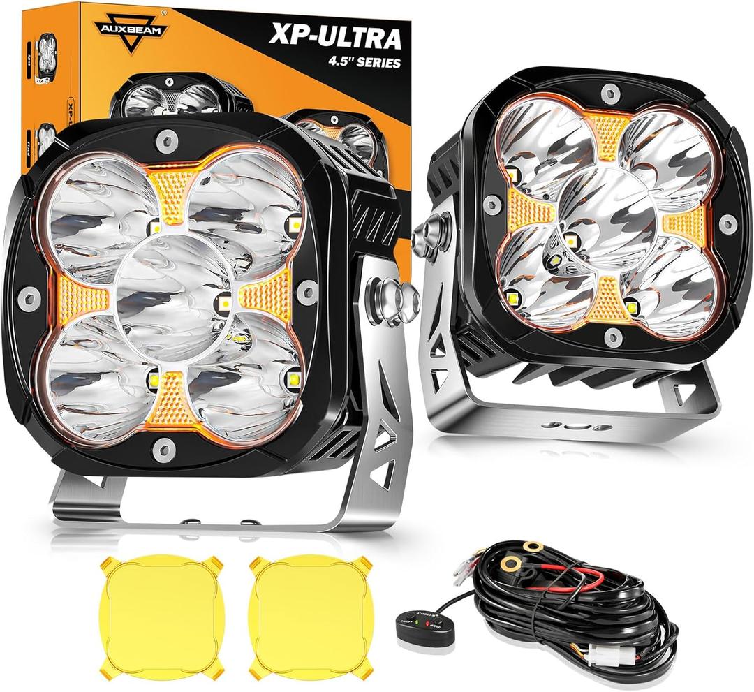Auxbeam XP-Ultra Series 4.5'' LED Pods, 128W 15200LM Hyper Spotlight Offroad Lights with DRL, Off Road Light Bars Fog Light with Amber Covers, Cube Ditch Lights for Jeep UTV ATV Off Road, Pair