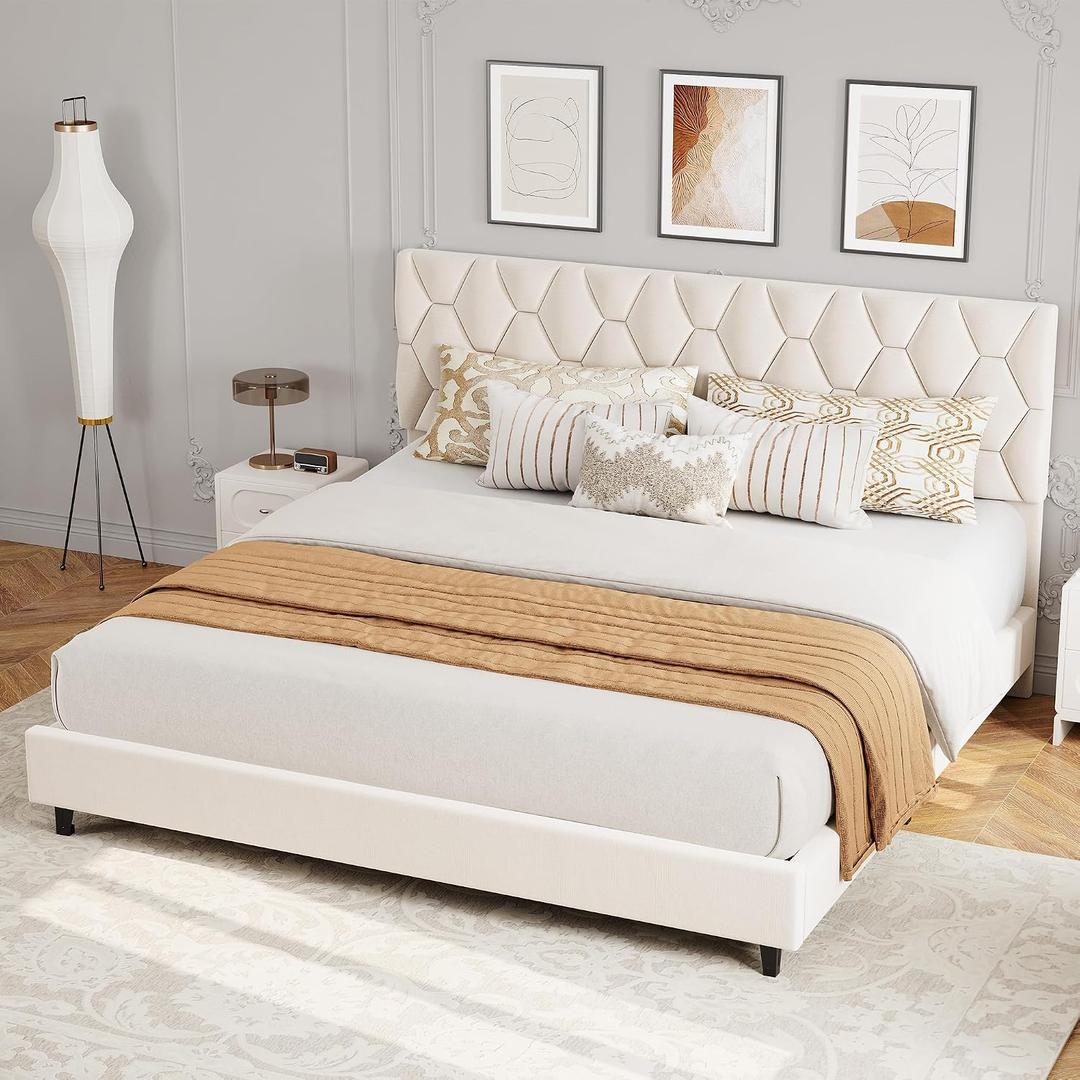 GarveeHome Cal King Bed Frame, Adjustable Upholstered Headboard,Beige | Platform Bed with Heavy Duty Mattress Foundation Strong Wood Slat Support/No Box Spring Needed/Noise Free Easy /Assembly, California King