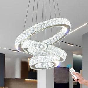 FRIXCHUR Dimmable Modern LED Chandelier 3 Ring Pendant Light Crystal Chandelier for Dining Room Living Room Bedroom,3 Colors Adjustable, 7.8+11.8+15.8