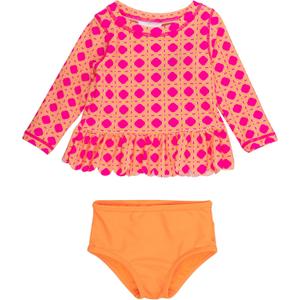 RuffleButts Baby/Toddler Girls Scalloped Long Sleeve Rash Guard 2-Piece UPF50+ Sun Protected Swimsuit (4T, Neon Sherbet Cane)