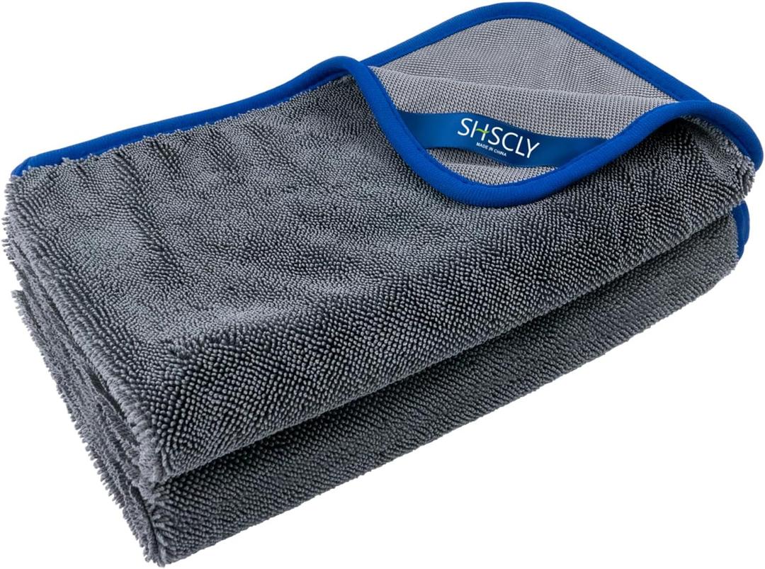 SHSCLY Microfiber Car Drying Towel Super Absorbent Twist Pile Car Towels Rapid Drying Large Cleaning Lint-Free Detailing Cloth Gray 24 x 20 Inches Pack of 2 (Gray With Blue Edge)