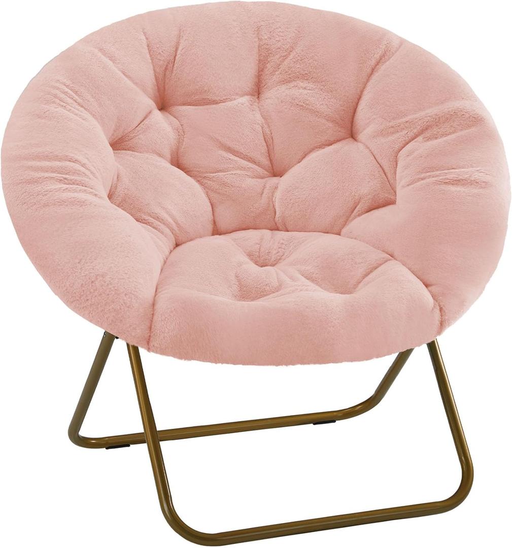 DUMOS Saucer Chair for Adults, Teens, Faux Fur XL Circle Chair for Bedroom, Dorm & Gaming, Foldable Comfy Accent Seat for Small Spaces, Oversized Style Thick Padded Meatal Frame, Pink
