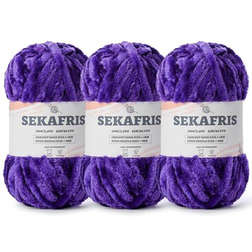 Fuzzy Chunky Chenille Yarn for Crocheting，Soft Plush Yarns for Hand Knitting，Bulky 3x100g（3x49.2 yd） Baby Blanket Yarn for Crocheting Amigurumi，Crochet Fluffy Velvet Yarns (3 Dewberry