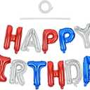 TONIFUL Happy Birthday Balloons Banner 16 Inch Mylar Letters Birthday Sign Banner Balloon Bunting Reusable for Patriotic Party Supplies Independence Day Labor Day Birthday Party (Blue Silver Red）