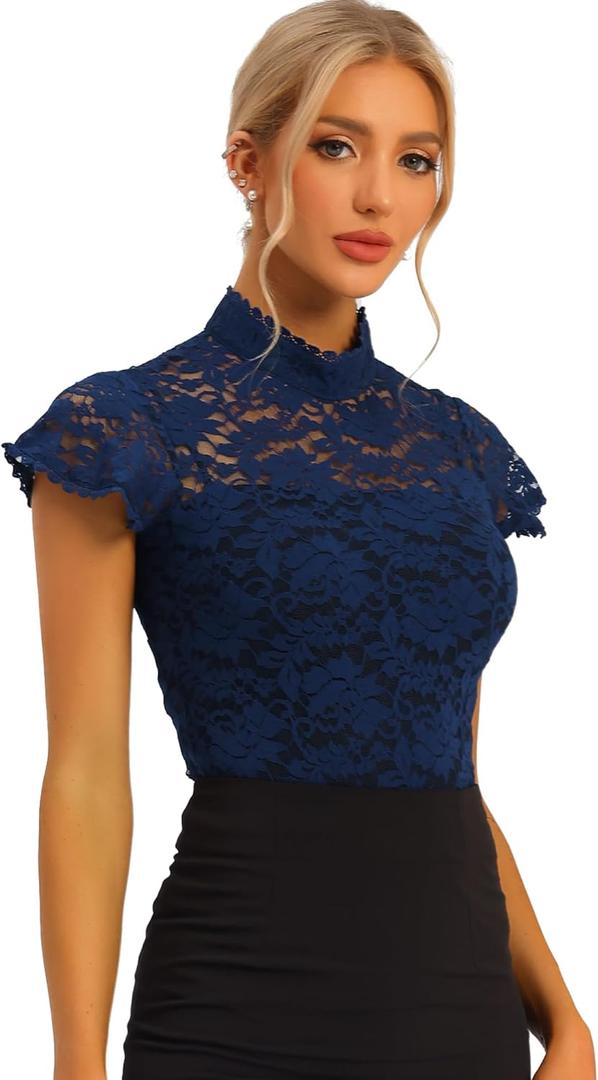 Allegra K Womens Lace Top Elegant Short Sleeve Blouse Mock Neck Fitted Dressy Casual Semi Sheer Tops XL