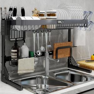 VNKZI Over Sink Dish Drainer Drying Rack, 2 Tier Stainless Steel Storage Adjustable Length (25.98'' to 36.61'') Kitchen Rack, Multifunctional Expandable Counter Organizer Shelf, Space Saver Dish Rack (Black Gray)