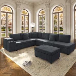 KEIKI 110" L-Shaped Oversized Plush Corduroy Modular Sectional Sofa with Pull-Out Bed, Convertible 6-Seater Sleeper Couch Bed with 1 Ottomans & USB & Cup Holders, Easy Assembly, for Living Room, Gray