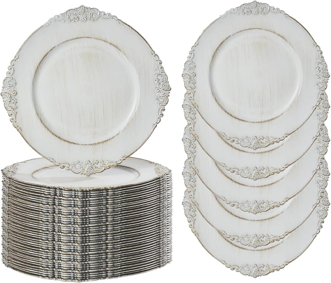 MAONAME 13" Antique White Charger Plates Set of 50, Embossed Plate Chargers Bulk, Round Charger for Dinner Plates, Plastic Table Chargers for Wedding Decor