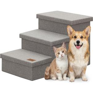 Zerbuger Wider Dog Stairs with Storage 18" H, 3Step Sturdy Dog Steps for Large/Medium/Small Older Senior Dogs Cats, Folding Pet Stairs Climbing Bed or Couch, ArthritisFriendly (Gray, No Condo)
