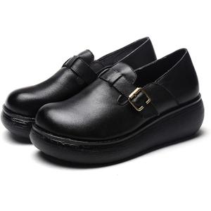 Women's Retro Leather Belt Buckle Thick Sole Loafers Fashionable and Comfortable Handmade Leather Thick Soled Shoes (5.5, Black)
