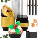 YQER 60 Pack 10oz Mini Cake Pans with Lids, Spoons, Stickers - Disposable Square Brownie Baking Cups - Individual Small Aluminum Foil Loaf Tins for Muffin, Ramekins, Cupcake - Catering, Gift, Black
