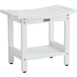 Waterproof Shower Bench, White Poly Shower Stool for Shaving Legs, Shower Chair Seat with Handles & Shower Head Holder, Plastic Bathroom Bench with Adjustable Feet for Inside Shower, Non-Slip