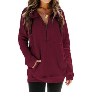 Ladmous Womens Casual Long Sleeve Half Zip Sweatshirt Lapel Drawstring Oversized Pullover Tops with PocketsS-2XL (Red)