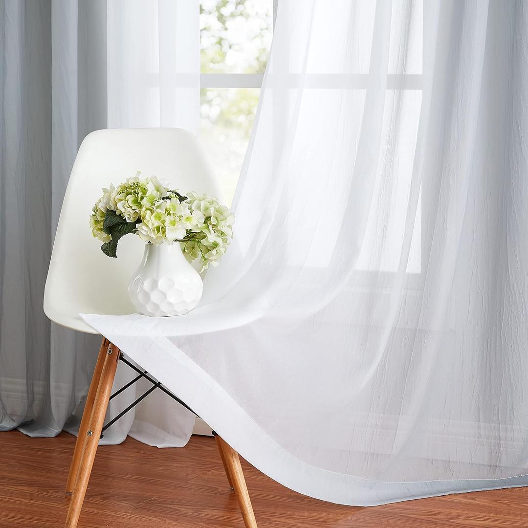Ombre Sheer Curtains Grey 54 Inches Length for Bedroom Living Room, Chiffon Crinkle Semi Sheer Short Curtain Panels Light Filtering Not See Through for Laundry Room, Grommet Top, 52" W