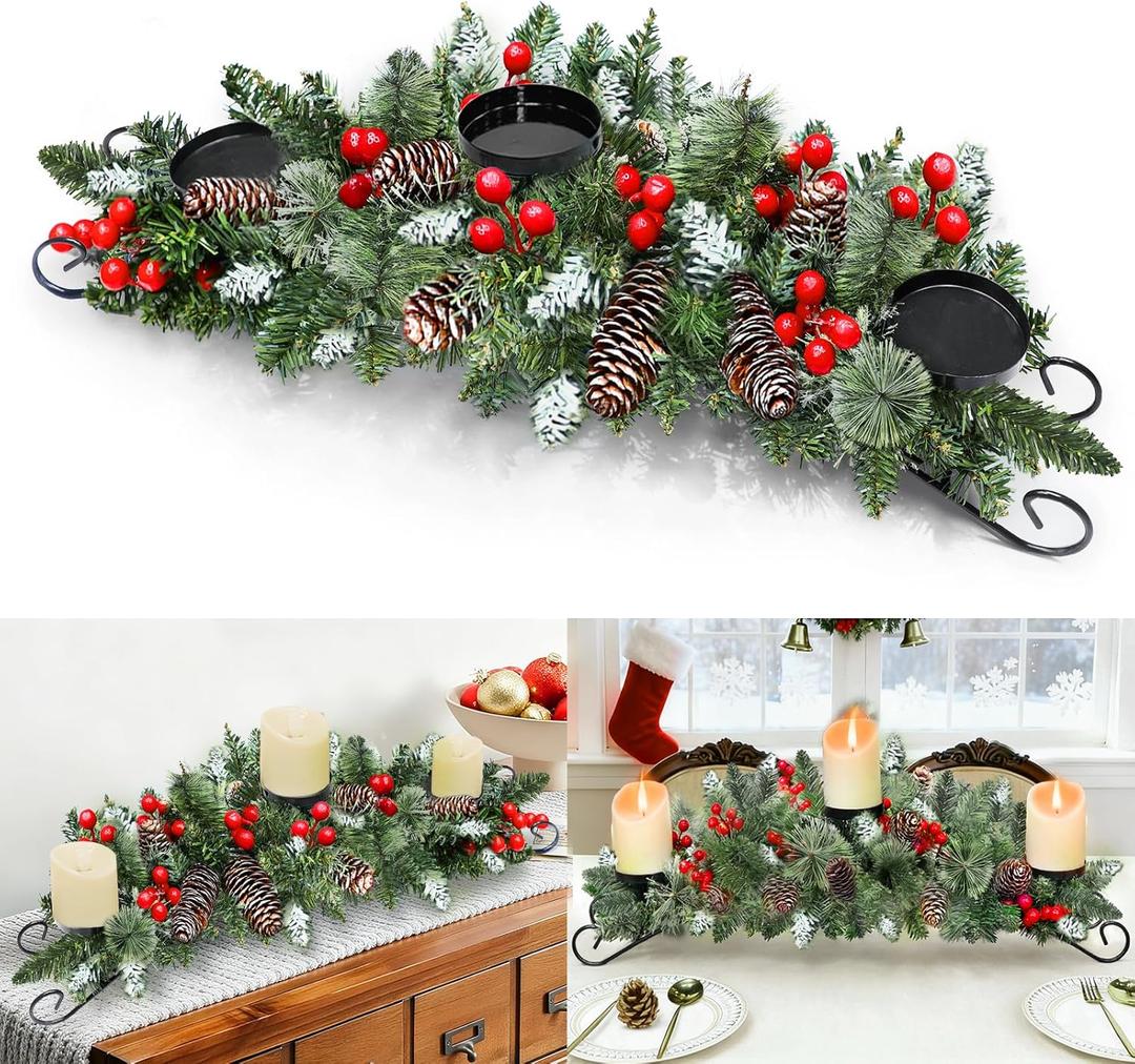 30 Inch Christmas Table Centerpieces with 3 Candle Holders, Christmas Centerpieces for Tables Red Berries Pinecones Snowy Pine Metal Base Holiday Xmas Winter Tabletop Decor,Fire Retardant&Foldable