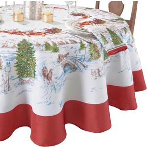 Elrene Home Fashions Santa Snowy Sleighride Wrinkle Resistant Holiday/Christmas Tablecloth, 60"X84", Oval