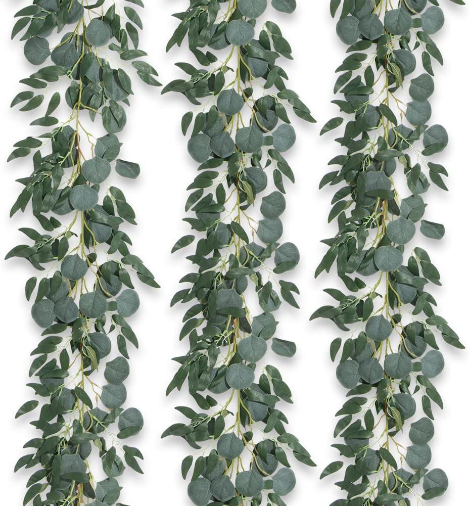 3Pcs Fake Eucalyptus Vines, 6.5FT Silk Ivy Garland, Odorless Lush Green Leaves Artificial Hanging Plants, Boho Forest Greenery Decor for Home, Classroom, Wall,Party, Wedding Decoration