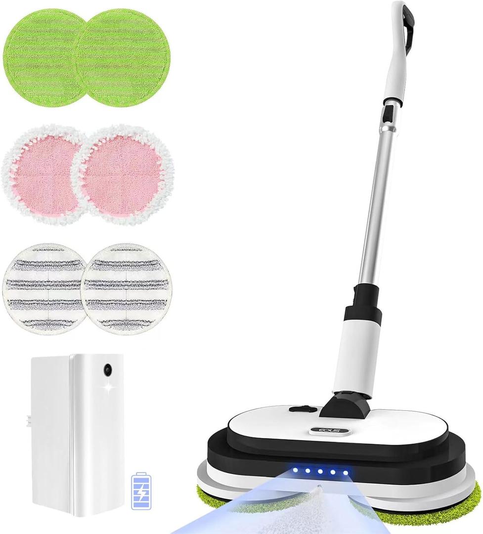 Cordless Electric Mop, Floor Cleaner with LED Headlight & Water Sprayer, Up to 60 Mins Detachable Battery, Dual-Motor Powerful Spin Mop, 300ML Water Tank for Multi-Surface, Self-Propelled (White)