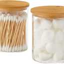 INIUNIK Glass Qtip Holder Dispenser with Bamboo Lid - 2 Pack Apothecary Jars - Cotton Balls Pads Swabs Holder Jar - Bathroom Vanity Canisters Jars for Countertop Storage and Organization