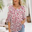 Poetsky Women's Casual 3/4 Sleeve Tops Summer Square Neck T Shirts Ruffle Loose Fit Tunic Blouses (M)