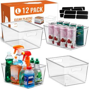 12 PACK LARGE Clear Storage Bins with Handles & Labels, Multiuse Plastic Pantry Organizer Bins for Home Kitchen, Fridge, Freezer, Cabinet, Closet, Bathroom, Shelf, Laundry, RV, Under Sink Organization
