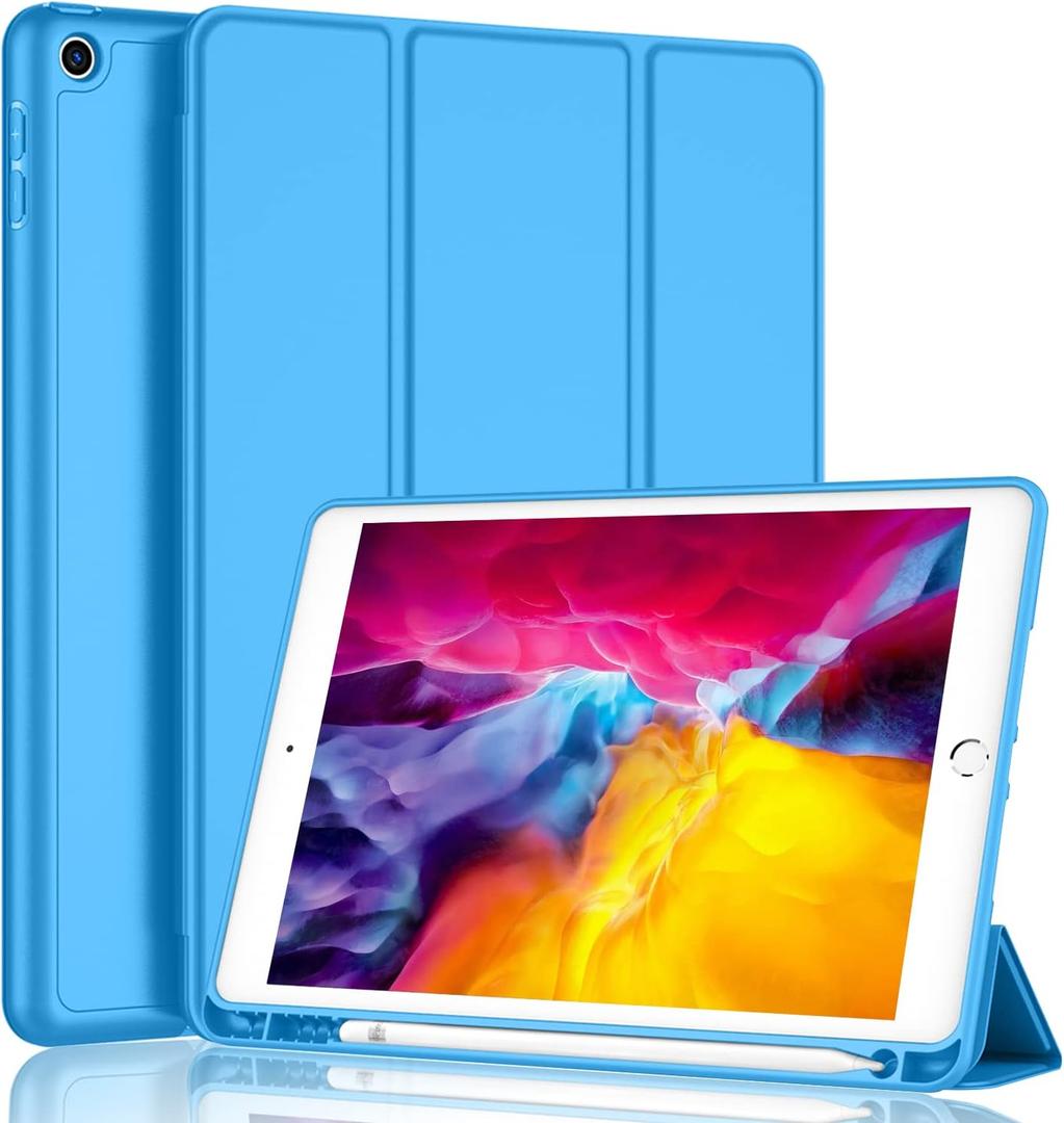 iPad 9.7 Case (2018/2017 Model, 6th/5th Generation), Smart Cover with Pencil Holder and Soft Baby Skin Silicone Back and Full Body Protection, Auto Wake/Sleep Cover (Ocean Blue)