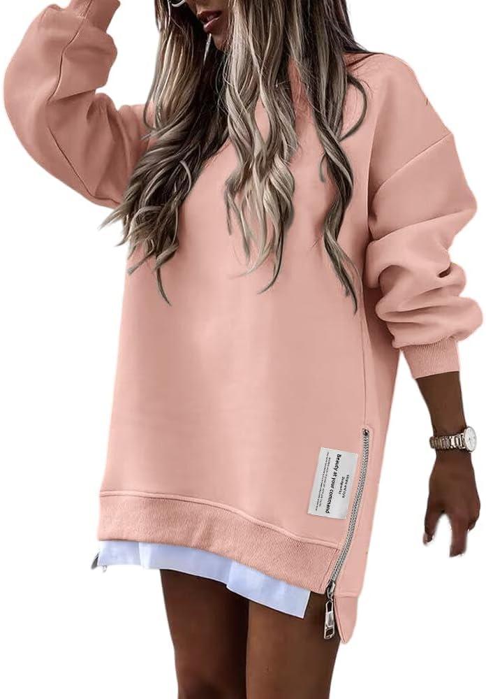 CHICME Womens Long Sleeve Zipper Slit Oversized Sweatshirt Casual Pullover Zipper Hoodies Fall Clothes L