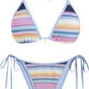 ZAFUL Women's Colorblock Stripes Triangle Halter Tied Cheeky Thong Bikini Set High Cut Two Piece Bathing Suit (Blue, M)