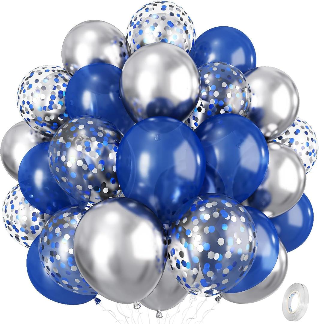 Navy Blue and Silver Balloons, 12 Inch Dark Midnight Blue Metallic Silver Latex Balloons Set for Boys Baby Shower Men Birthday 2026 Graduation Fathers Day Anniversary Denim Party Decorations