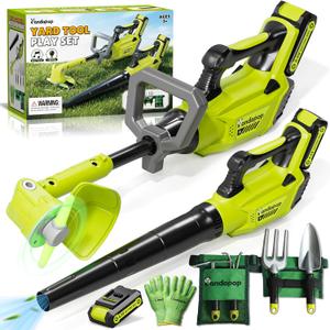 Pandapop Kids Gardening Tools Set, 2 In 1 Kids Leaf Blower & Toy Lawn Mower with Sounds & Lights, Kids Tool Set with Belt & Gloves, Outdoor Play Toy Tools, Christmas Birthday Gifts for Boys 3 4 5 6 7+