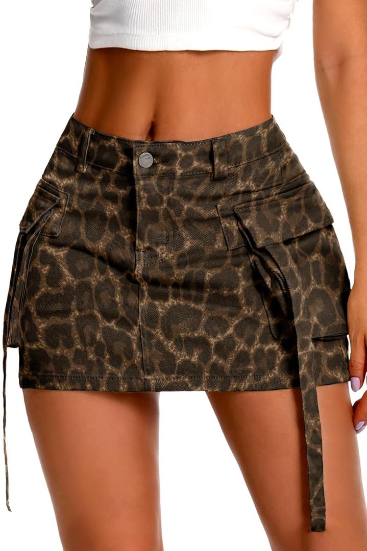ELLEVEN High Stretch Denim Cargo Skirt for Women, Low Waist Y2k Mini Jean Skirt Cute Skirt with Pockets (Medium, Leopard Print)