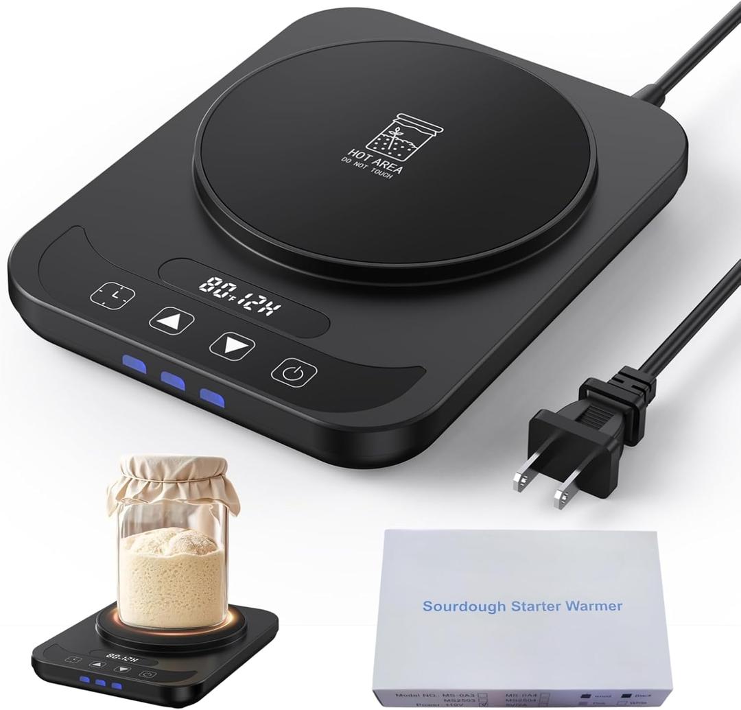Sourdough Starter Warmer, Thermostat Control (70-100F) Sourdough Heating Mat, 0-12 Hours Timer, Heater Auto On/Off, Homemade Sourdough Bread Baking Tools for Home Kitchens (Black)