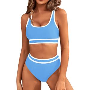BMJL Women's High Waisted Bikini Sets Sporty Two Piece Swimsuits Color Block Cheeky High Cut Bathing Suits (Large, Light Blue011)