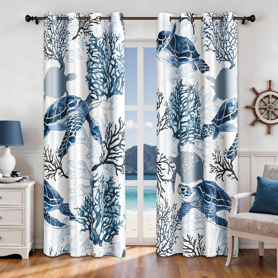 Nautical Coastal Curtains Decorative Beach Ocean Sea Turtle Coral 50% Light Blocking Sea Darkening Grommet Curtain For Villa Living Room, Bedroom Navy Blue and White 2 Panels Set, 52x63 Inches