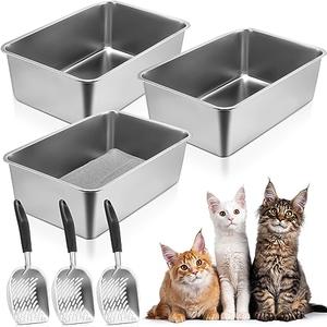 Zubebe 3 Pack Stainless Steel Cat Litter Box with 3 Pcs Litter Scoop Litter Box Metal Litter Scoops Never Absorbs Odor, Rustproof, Non Stick Smooth Surface(23.6 x 15.8 x 7.9 Inches)