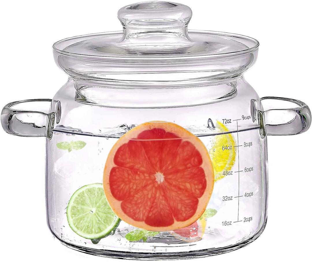 2.3L(75oz) Glass Cooking Pot with Lid,Handmade Borosilicate Glass Stockpot with Graduations - Glass Saucepan with Cover for Cooking and Serving,Anchor Hocking Glass Pot (2.4 Quarts)