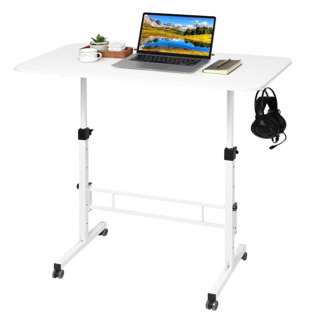 Dekhaoxe Standing Desk Adjustable Height, Rolling Walking Pad Desk, Small Mobile Table with Wheels, Portable Stand Up Table for Standing or Sitting, Size 31.5x15.7 Inch White