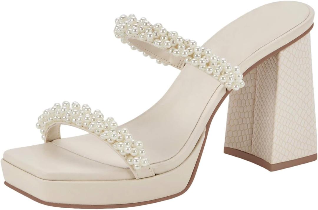 Coutgo Women's Platform Chunky High Heels Sandals Square Open Toe Strappy Pearl Slip On Slides