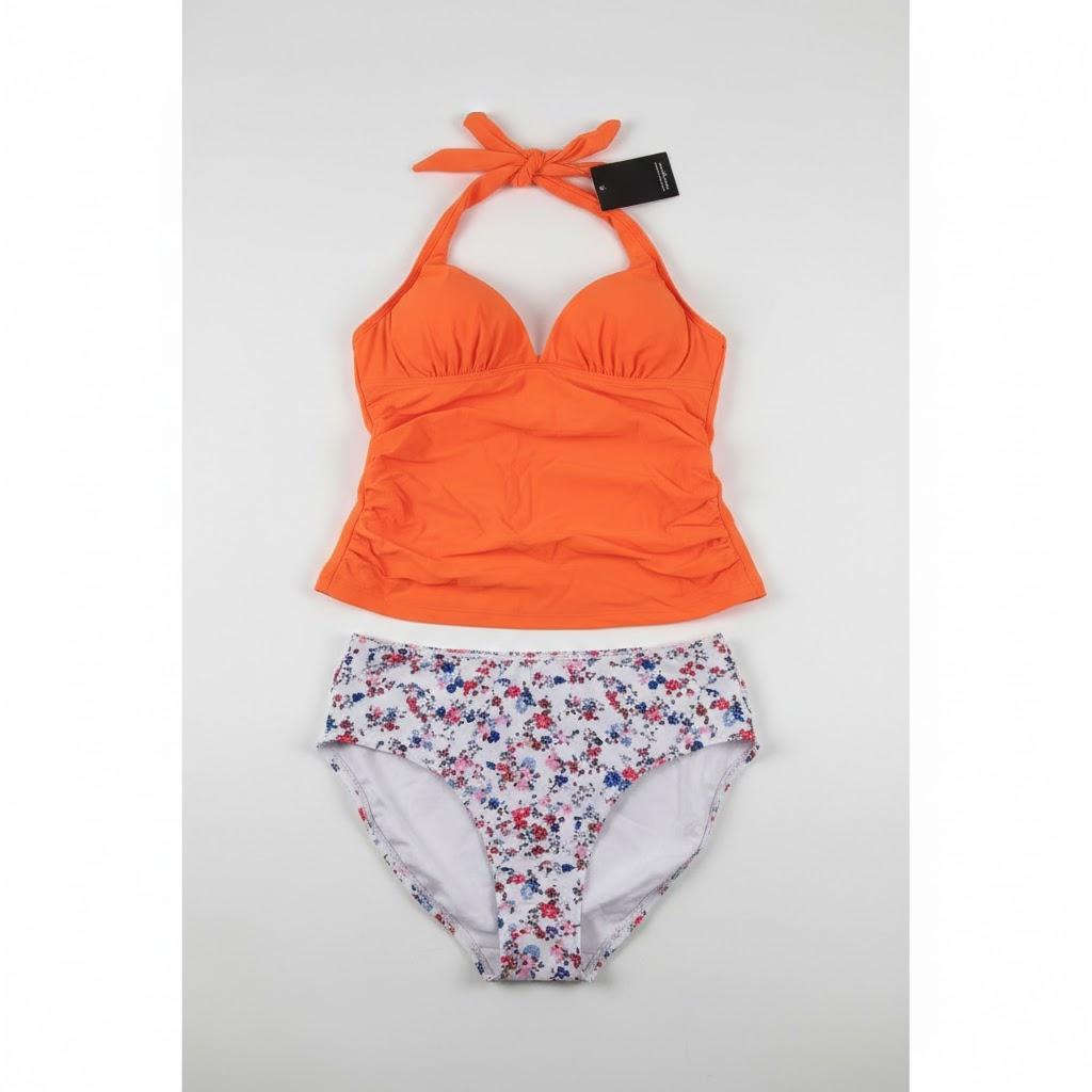 B2prity Halter Tankini Swimsuit for Women Tummy Control Two Piece Bathing Suit V Neck Swimwear with Shorts Small, Orange 