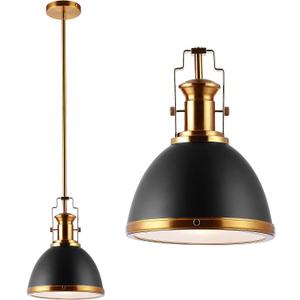JONATHAN Y 10" Black/Brass Gold Modern Industrial Iron LED Dome Pendant Light, Adjustable Hanging Fixture for Kitchen Island or Entryway, Black Metal Shade, LED Bulb Included JYL9535A