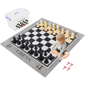 Giant Outdoor Chess Set Oversized Plastic Chess Pieces with Bases Lightweight 71" Chess Mat Floor Games for Kids and Adults - 9.8 Inches Tall King & Storage Bins with Lids