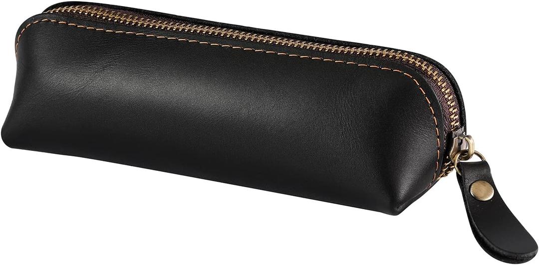 Pen Pouch Pencil Bag Black Leather Pencil Holder Small Portable Zipper Case for Fountain Pen Markers Makeups Change Coins,Gift for Adults Mens Womens (Black)