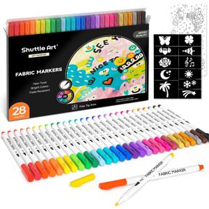 Shuttle Art 28 Colors Fabric Markers, Shirt Permanent Markers for Clothes Sneakers Jeans with 11 Stencils 1 Fabric Sheet, Fabric Pens for Kids Adult Painting Writing